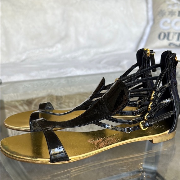 Giuseppe Zanotti Shoes - Giuseppe Zanotti Black Patent Leather Ankle Strap Flat Sandals Size 39.5